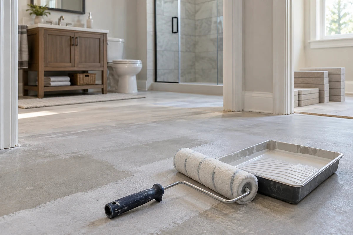 Roller and tray beside a prepared bathroom subfloor.
