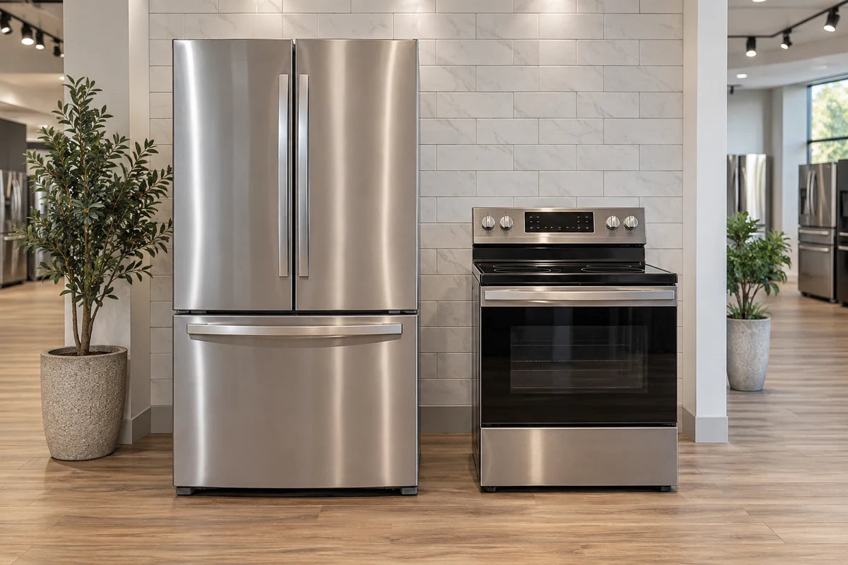 Stainless steel refrigerator and electric range in an appliance display.