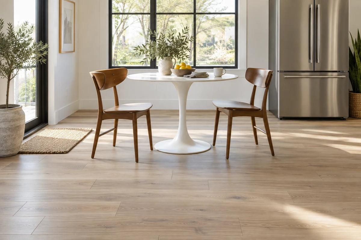 Oak-look luxury vinyl plank flooring in a bright breakfast area.