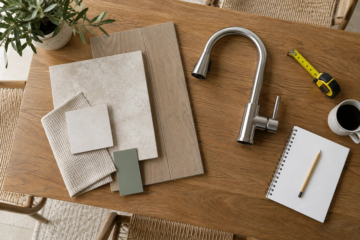 Kitchen fixture and flooring samples arranged for project planning.
