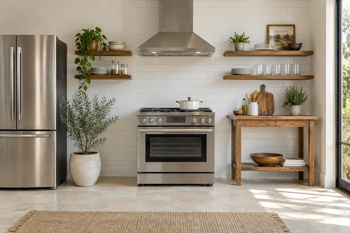 Stainless range and hood against a white tiled cooking-area wall.