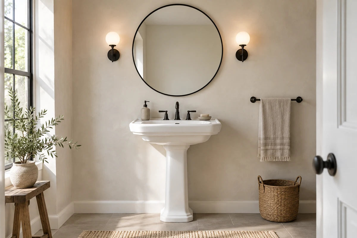 Round black bathroom mirror above a white pedestal sink.