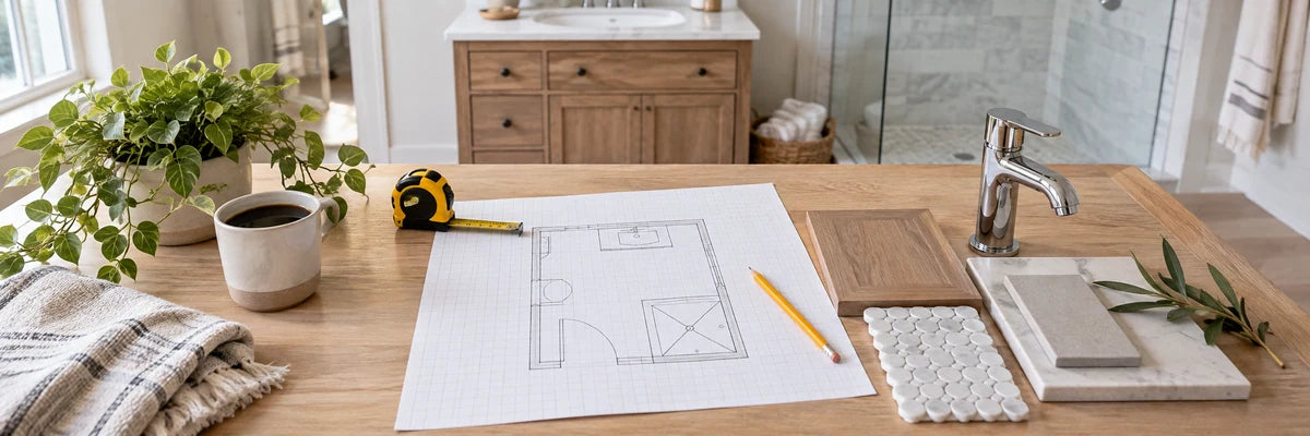 Bathroom material samples, tape measure and planning notebook.