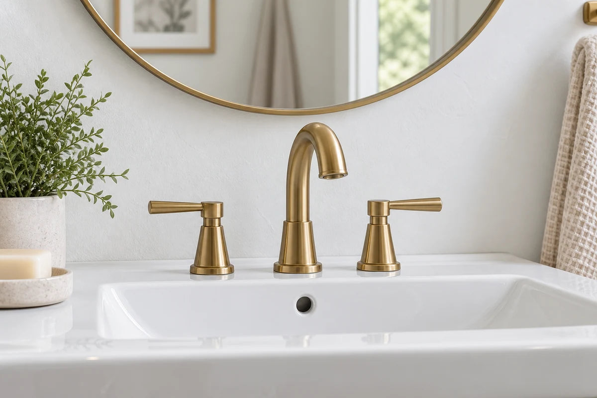 Brushed brass bathroom faucet with matching handles.