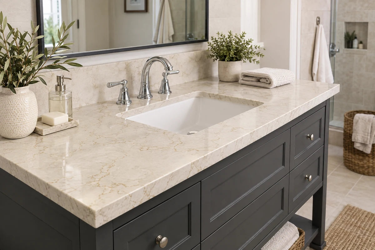 Cream quartz vanity surface with subtle tan veining.
