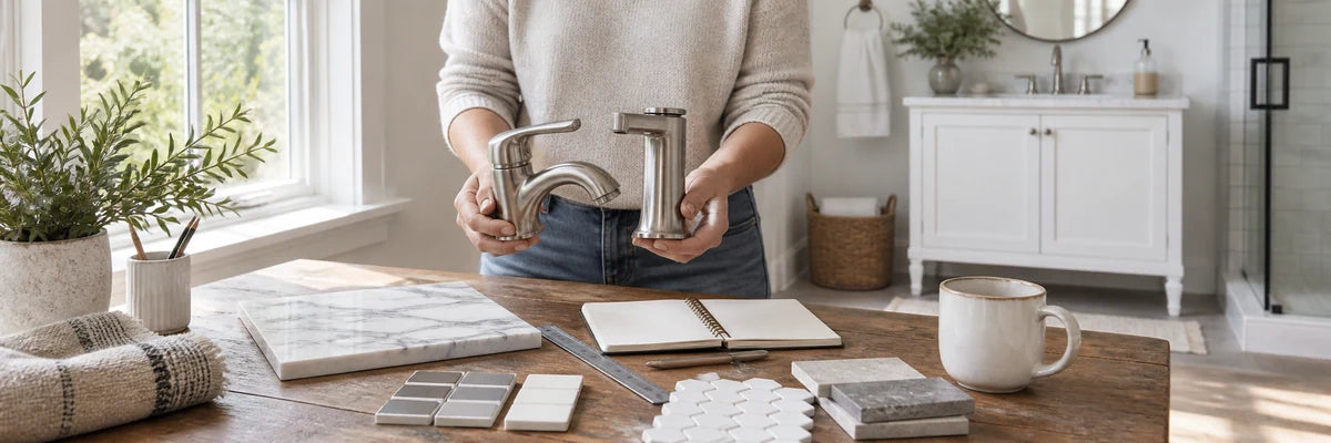 Comparing bathroom fittings and material samples before a project.