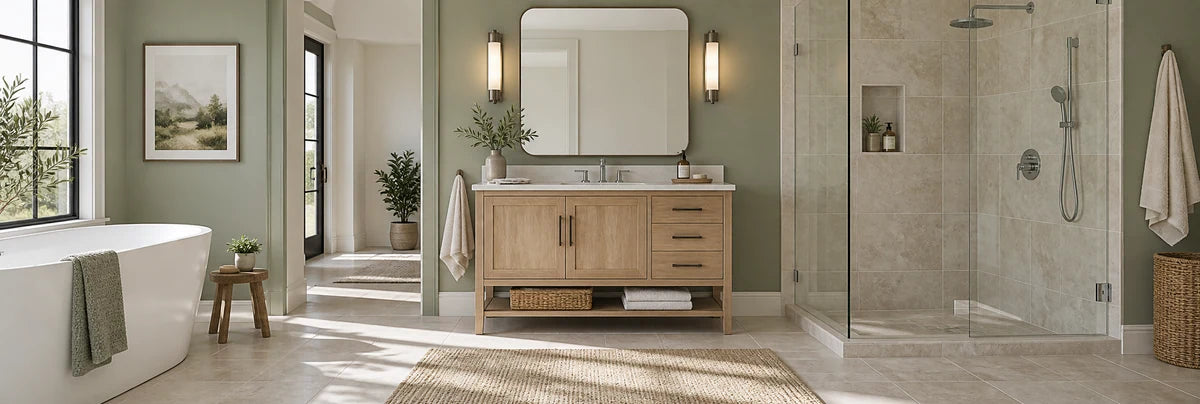 Bathroom with oak vanity and a large-format tiled shower.