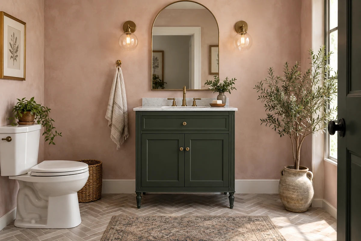 Forest green freestanding vanity in a softly colored powder room.