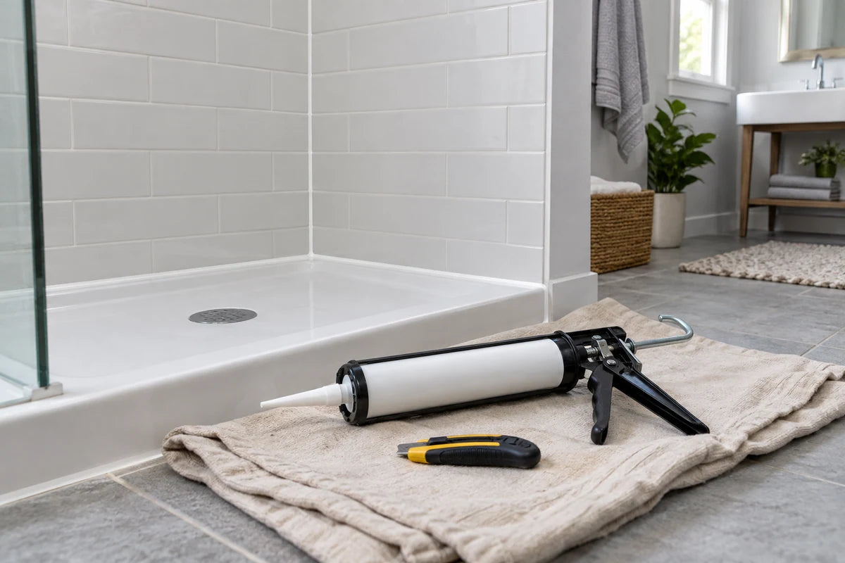 Caulking gun beside a sealed shower tray and tile junction.