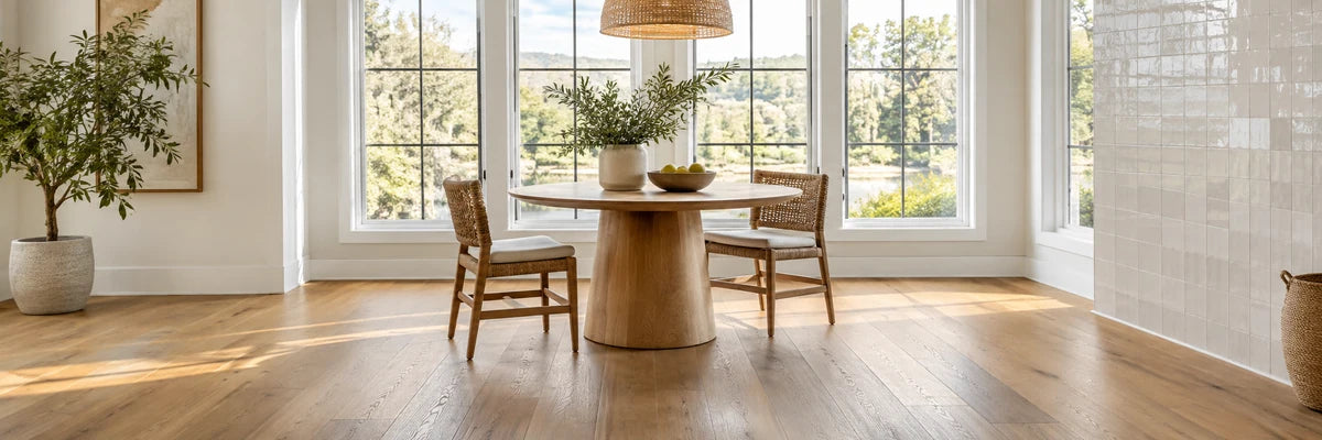 Sunlit dining nook with warm wood-look plank flooring.