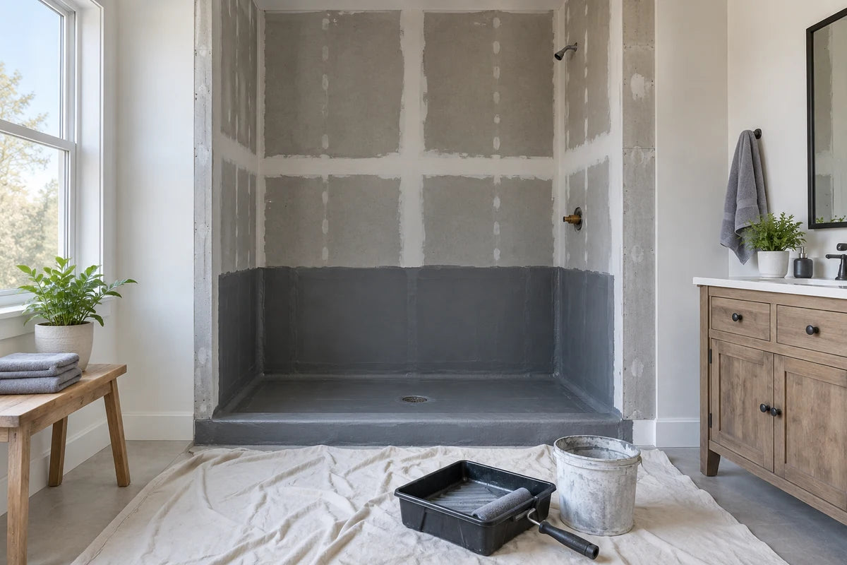 Prepared shower alcove with backer board and waterproofed seams.