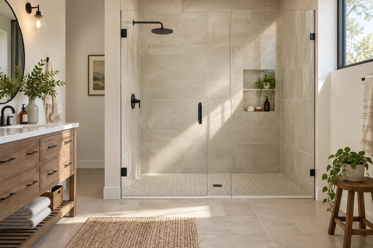 Walk-in shower with beige porcelain walls and black fixtures.