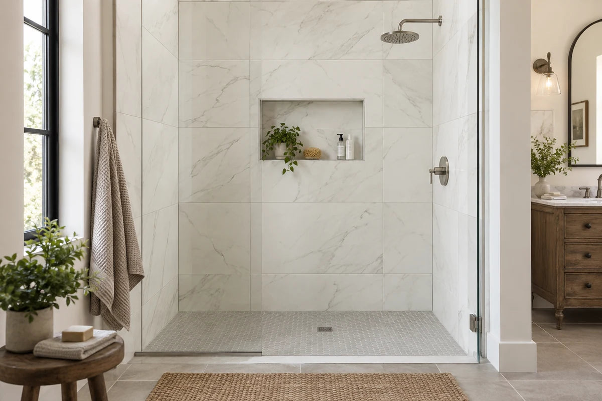 Large-format porcelain shower tile with fine gray grout lines.