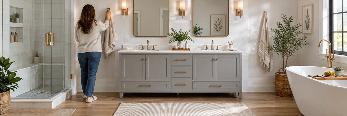 Welcoming bathroom with freestanding double vanity and warm flooring.