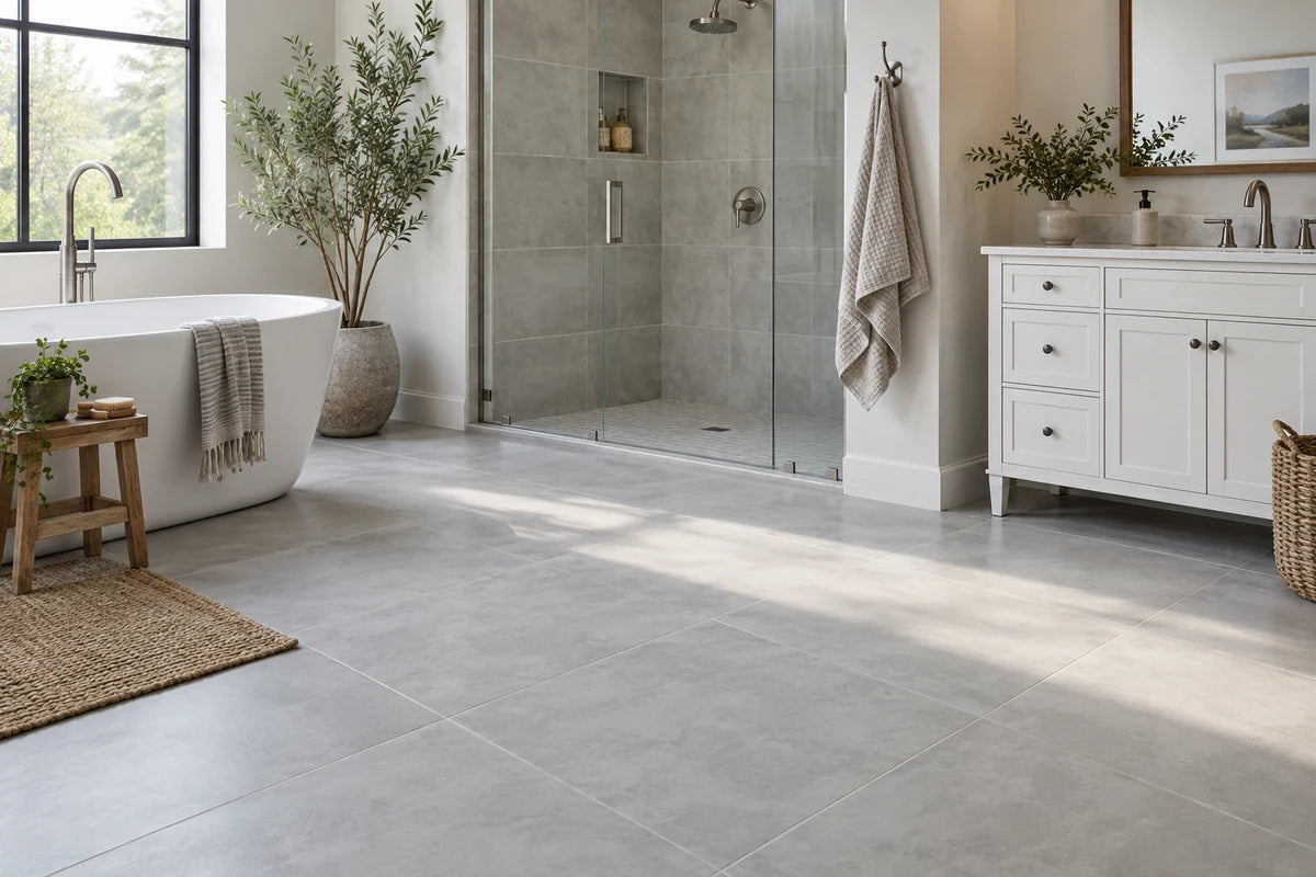 Large-format gray porcelain bathroom floor with fine grout.