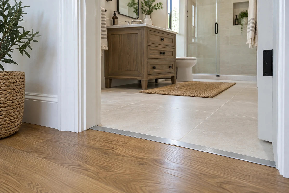 Aluminum transition joining wood-look flooring to bathroom tile.