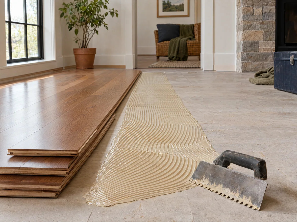 Wood flooring installation preparation: hardwood planks beside a trowel and neatly spread pale wood adhesive on clean subfloor, no chemical labels or hands.
