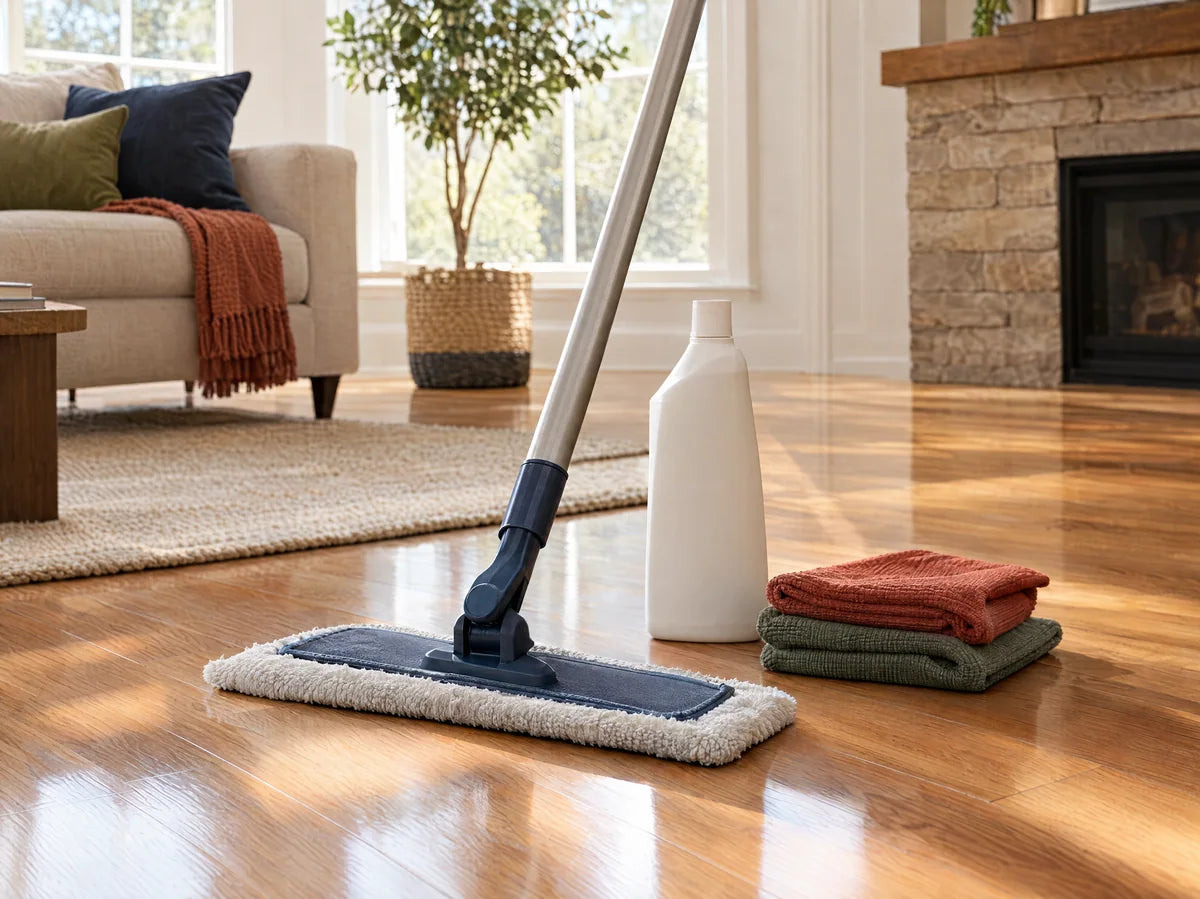Microfiber flat mop and folded soft cloth beside a plain unbranded cleaning bottle on a beautiful finished oak floor, sunlight, surface care editorial photography.