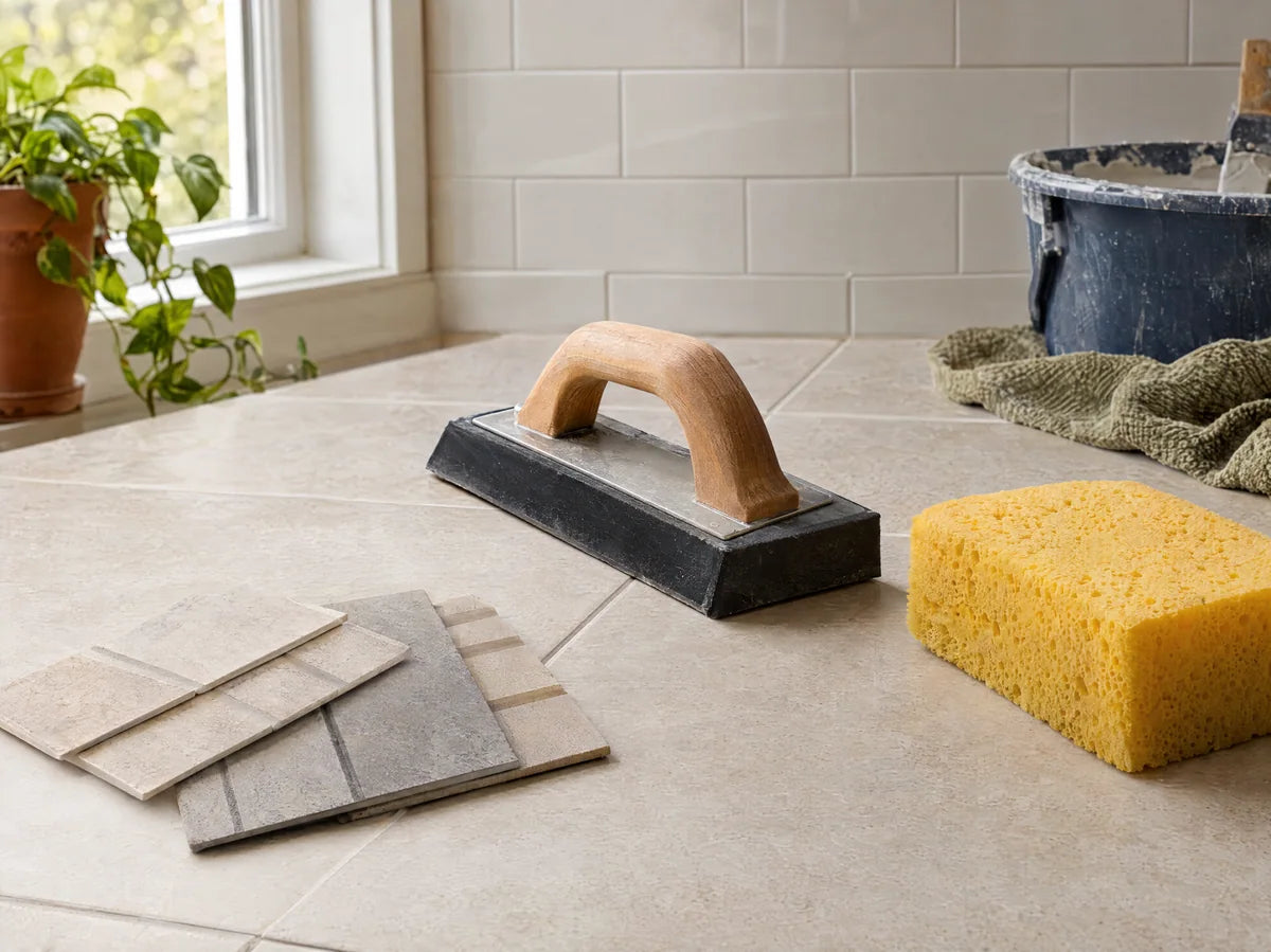 Rubber grout float with small neutral grout sample boards and a yellow sponge on a clean tile work surface, realistic installation tools and material detail.
