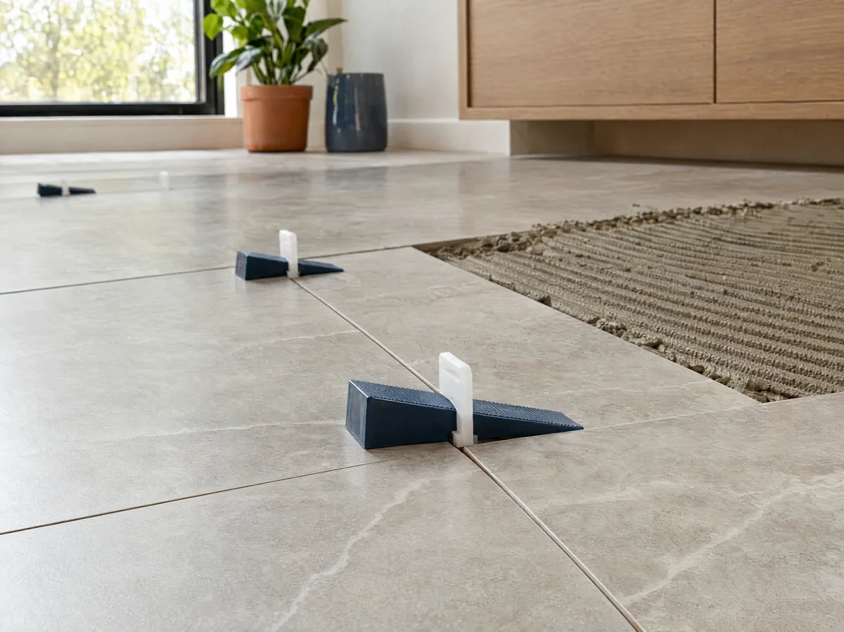 Close view of large porcelain tiles being dry-positioned with believable tile-leveling clips and wedges near a seam, clean installation detail, no hands.