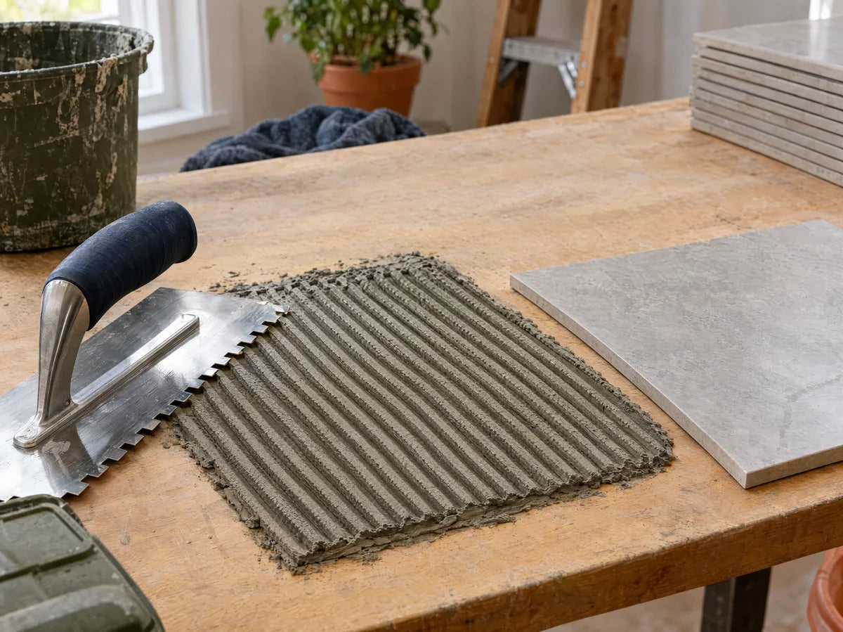 Clean stainless notched trowel beside a freshly combed small patch of gray thinset mortar and a porcelain tile on a workbench, precise parallel ridges, no people, technical editorial still life.