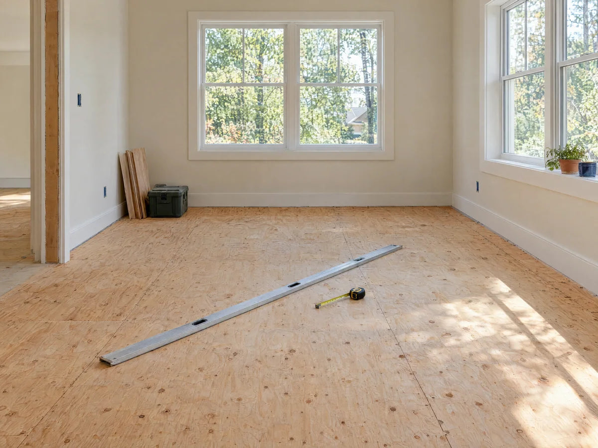 A spotless level plywood subfloor in a bright room before flooring installation, long aluminum straightedge and tape measure resting on floor, realistic unfinished preparation.