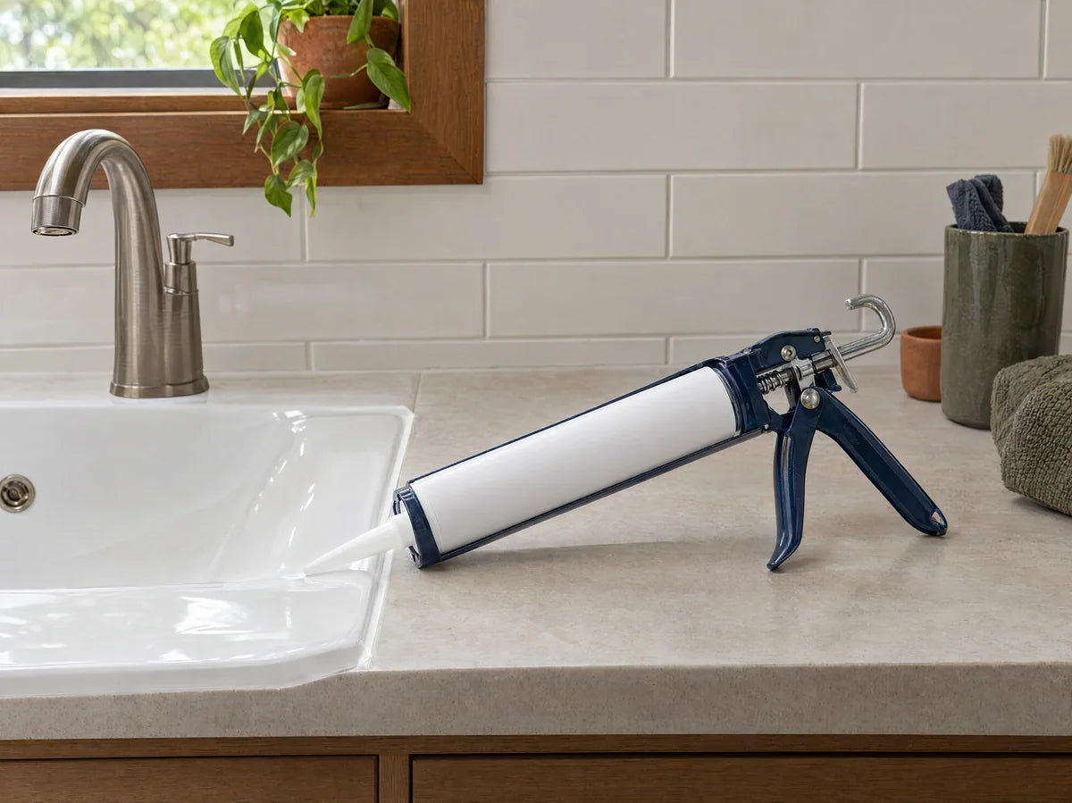 Professional caulking gun with a plain white unbranded cartridge beside a clean sealed junction between white basin and pale tile, accurate tool geometry.
