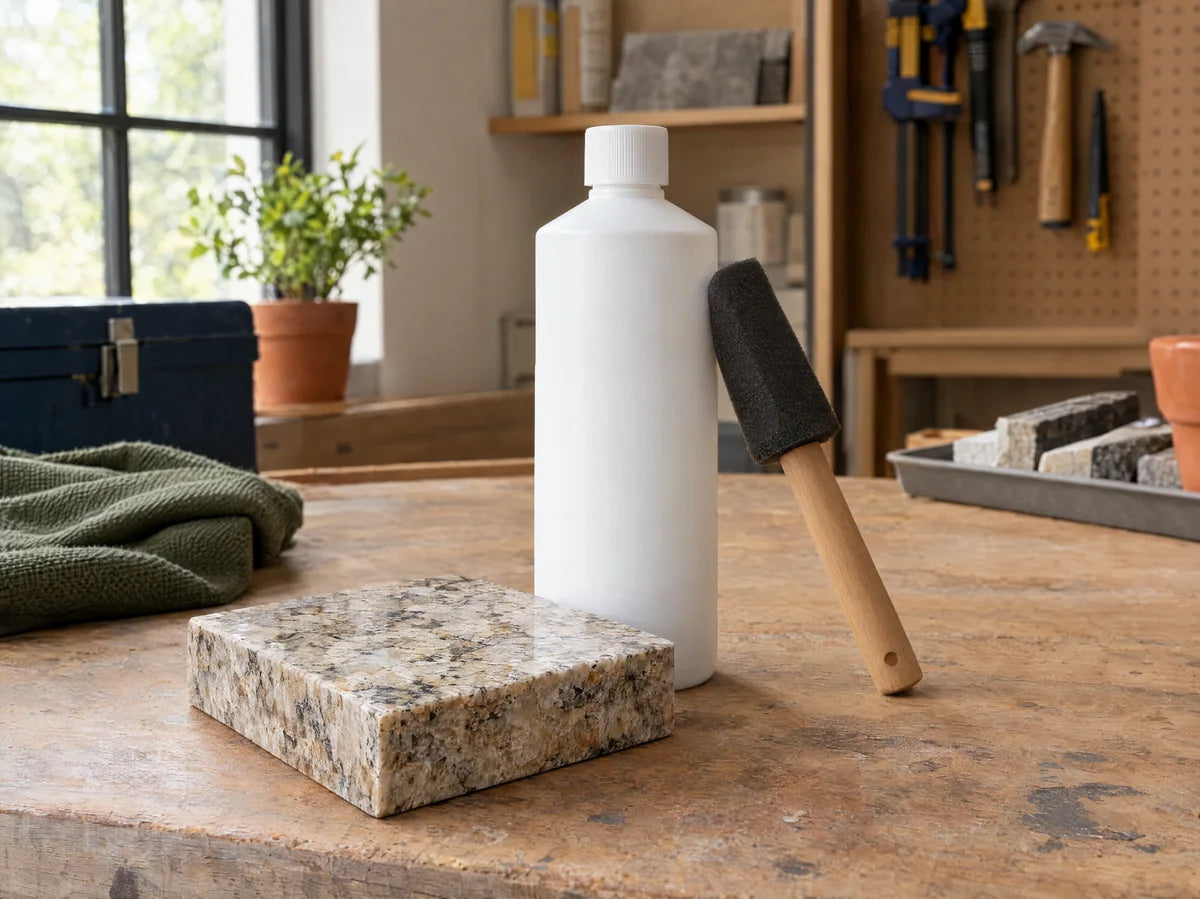Unbranded plain sealer bottle with a foam applicator beside a natural stone sample on a workbench, no text, restrained technical product-inspiration still life.