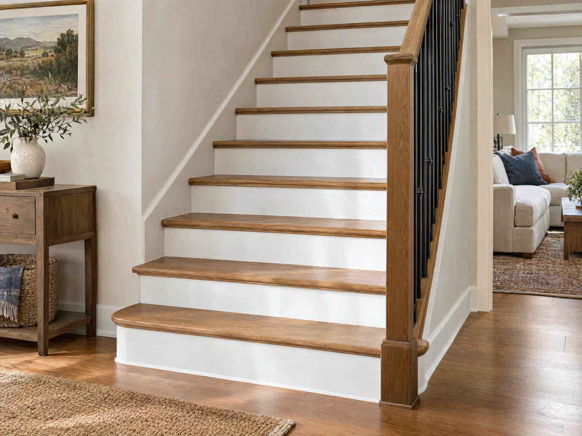 Warm oak stair treads with clean matching nosings and white risers, simple black balustrade at edge, beautifully lit believable stair geometry.