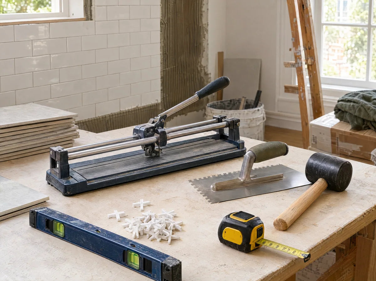 Organized tile installation tools: manual tile cutter, stainless trowel, rubber mallet, tape measure, spacers and spirit level on a pale workbench, realistic scale.