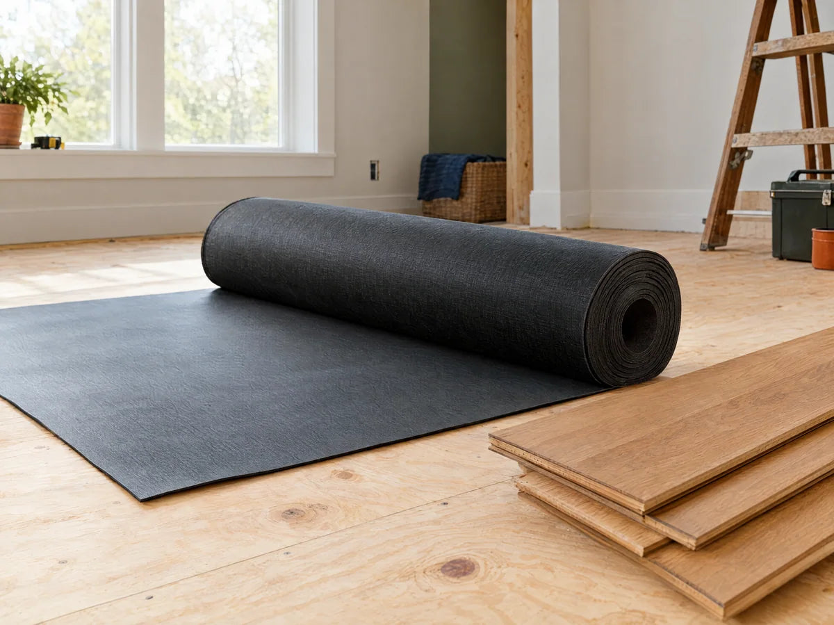 Roll of dark acoustic flooring underlayment partially unrolled on a clean plywood subfloor beside a few oak flooring boards, accurate thin flexible material, bright home renovation.