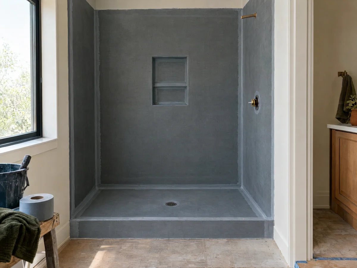 Unfinished shower preparation with neat continuous waterproof membrane over walls and tray, sealed corner seams and visible drain, no finished tile or brand markings, professional clean work.