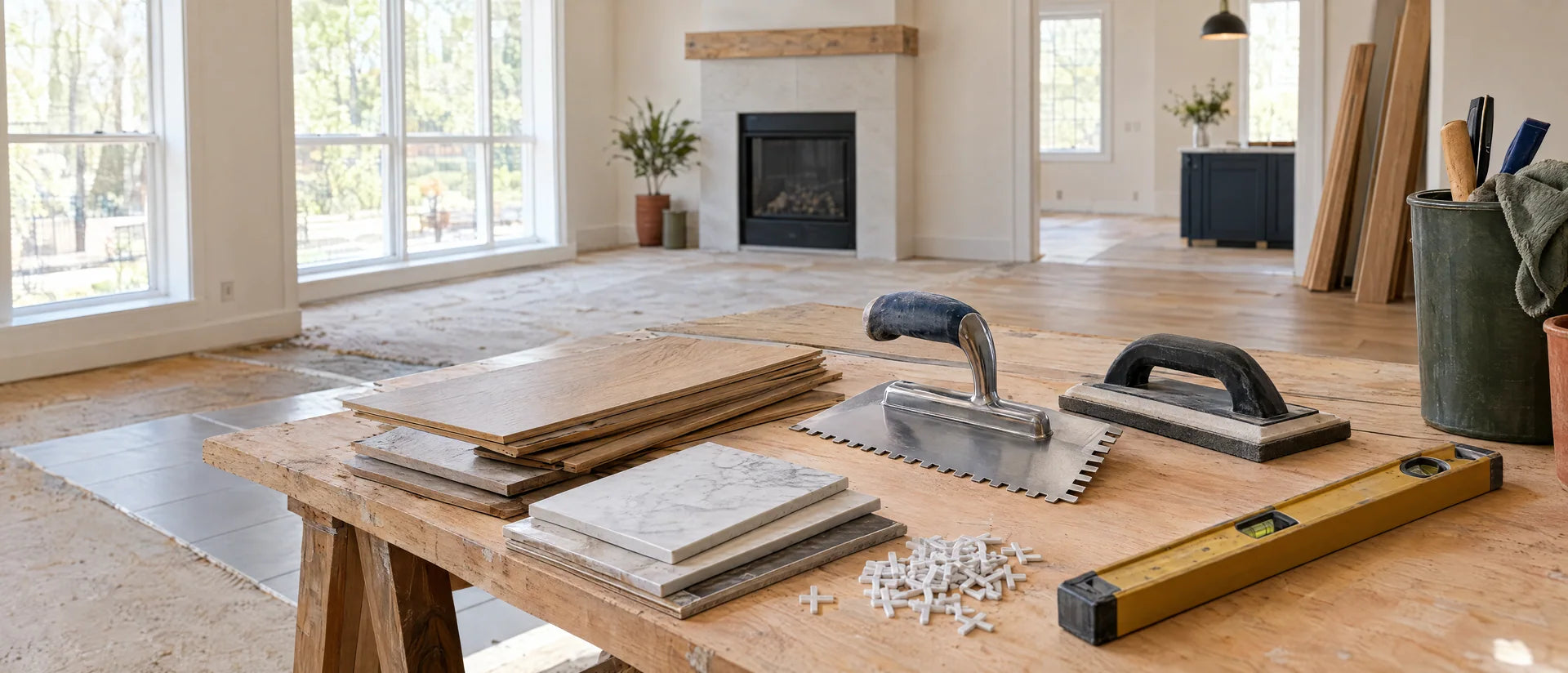 Beautiful orderly renovation workspace in a nearly finished bright home: tile and oak plank samples, stainless notched trowel, rubber float, spirit level and clean spacers on a timber workbench, prepared subfloor beyond