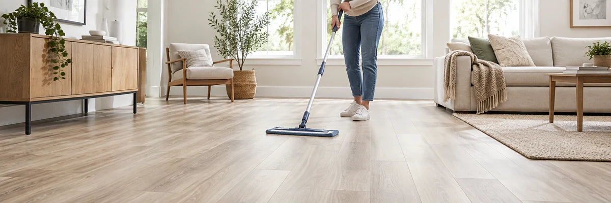 Person caring for a wood-look floor in a living room