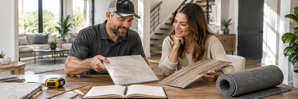 Installer and homeowner planning flooring materials