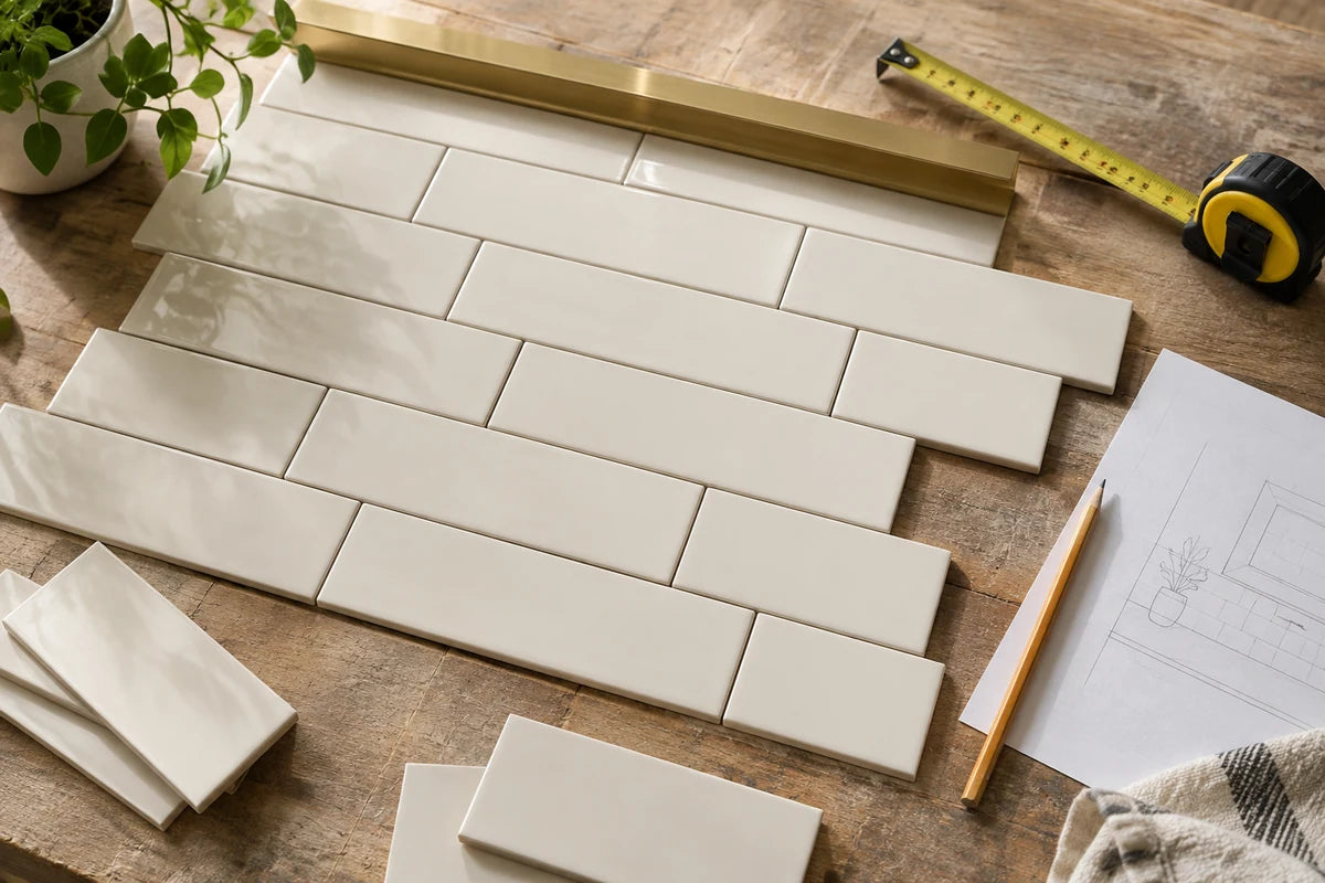 Backsplash tile layout with trim and a measuring tape