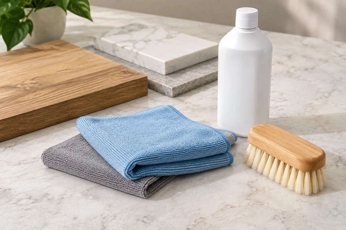 Floor-care supplies beside tile and wood samples
