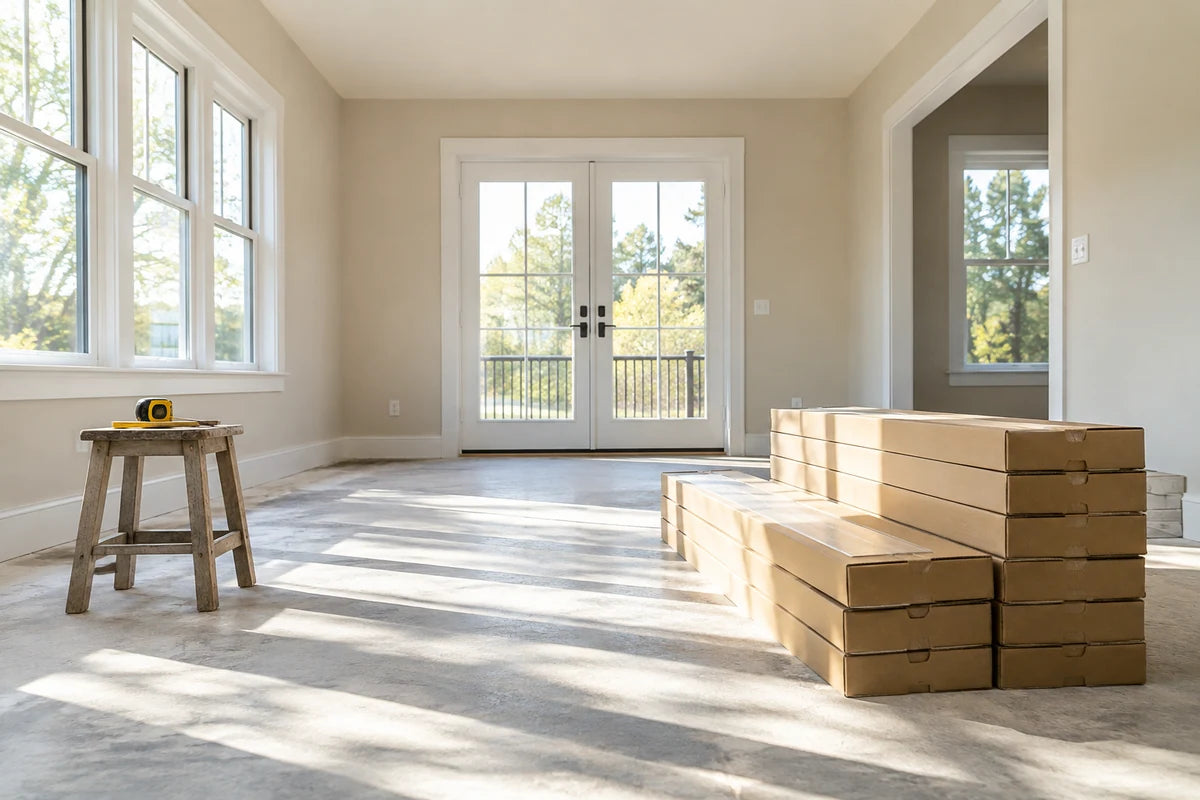 Flooring cartons and measuring tools in an empty room