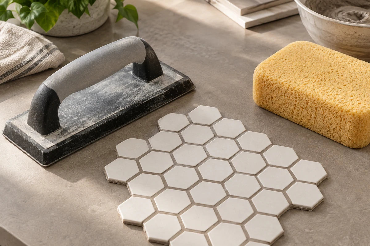 Grout float beside a white mosaic tile sample