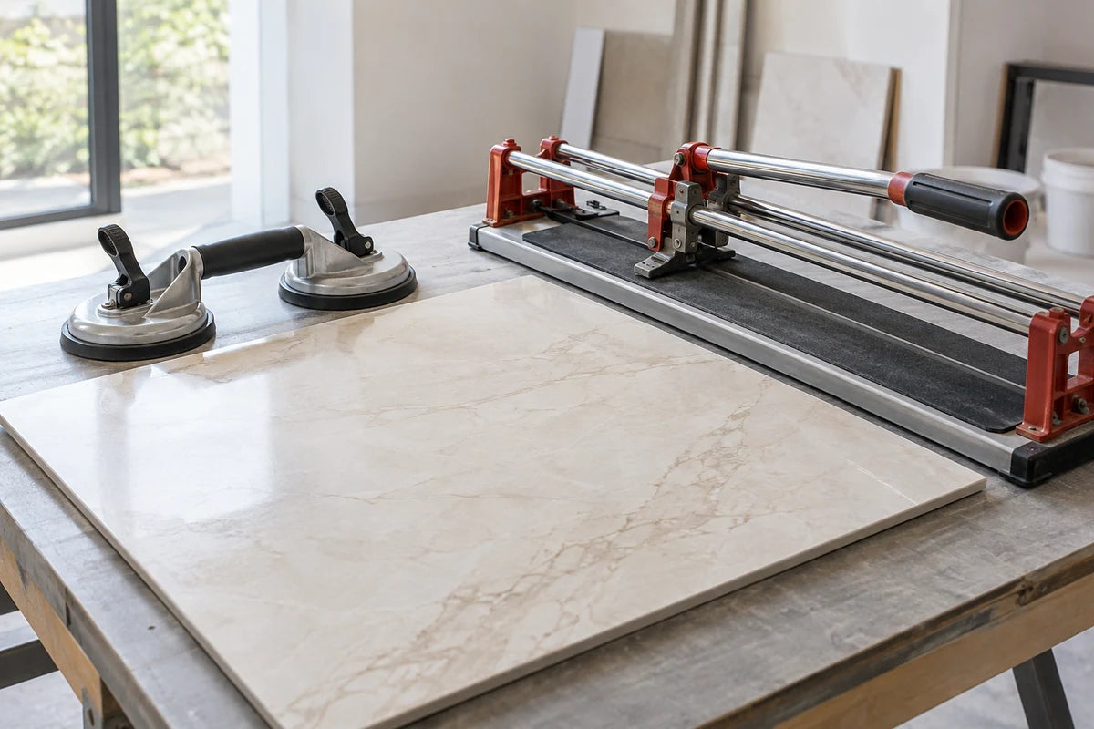 Suction lifter and tile cutter beside large porcelain tile