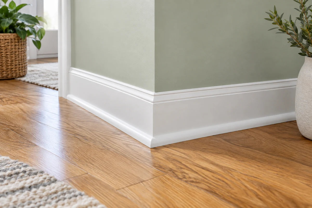 White baseboard and quarter-round along an oak floor