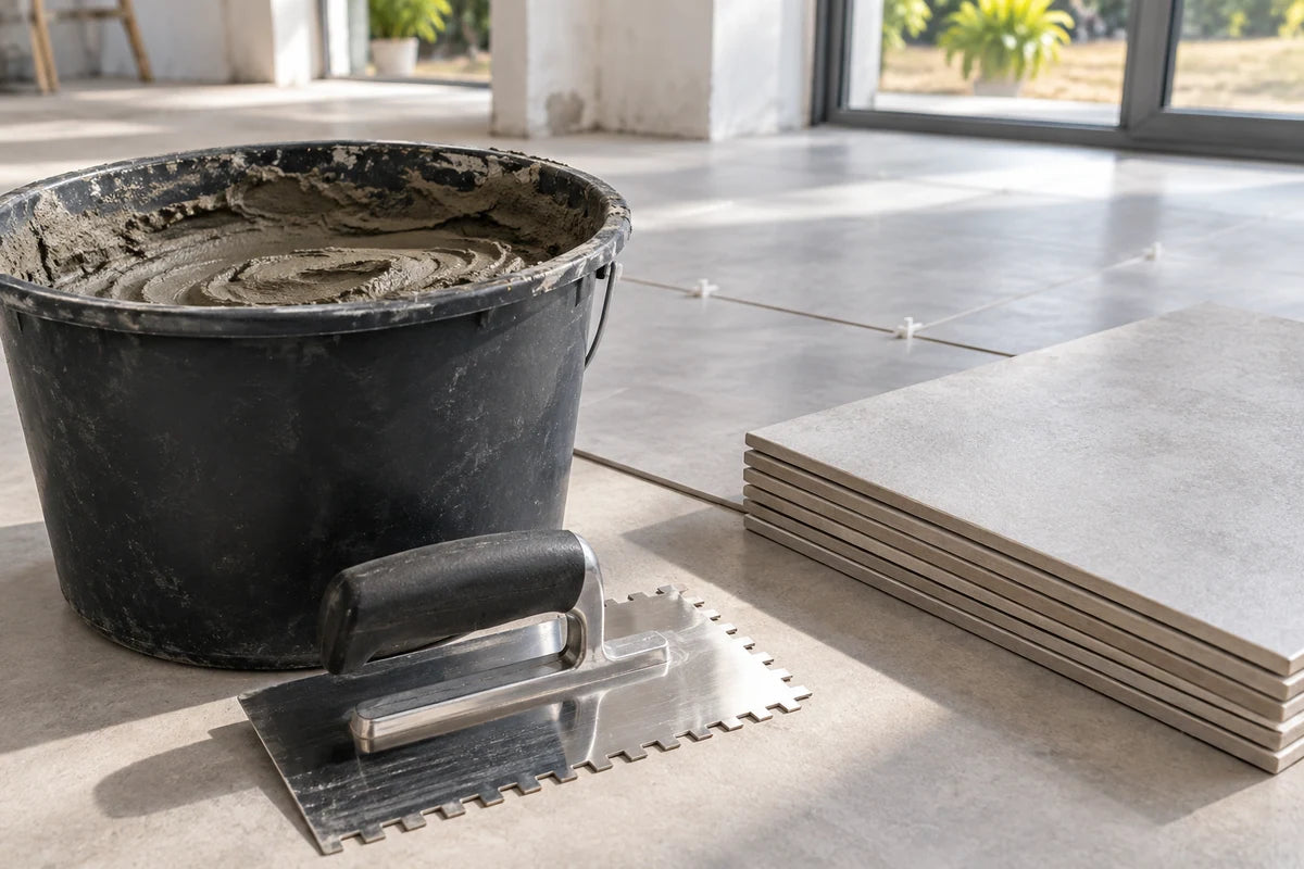 Fresh thinset mortar in a bucket beside a notched trowel
