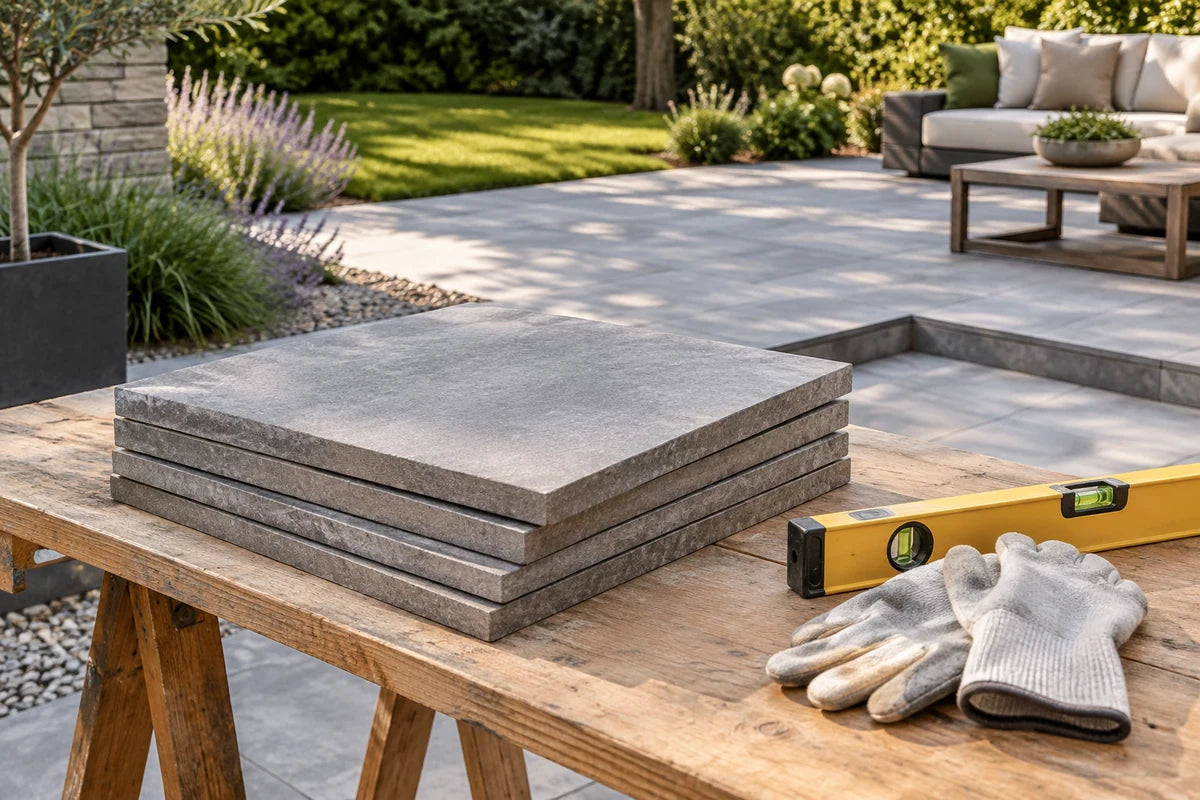 Outdoor paver planning samples on a garden workbench