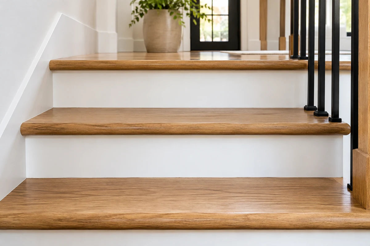 Oak stair treads and white risers in a bright hallway