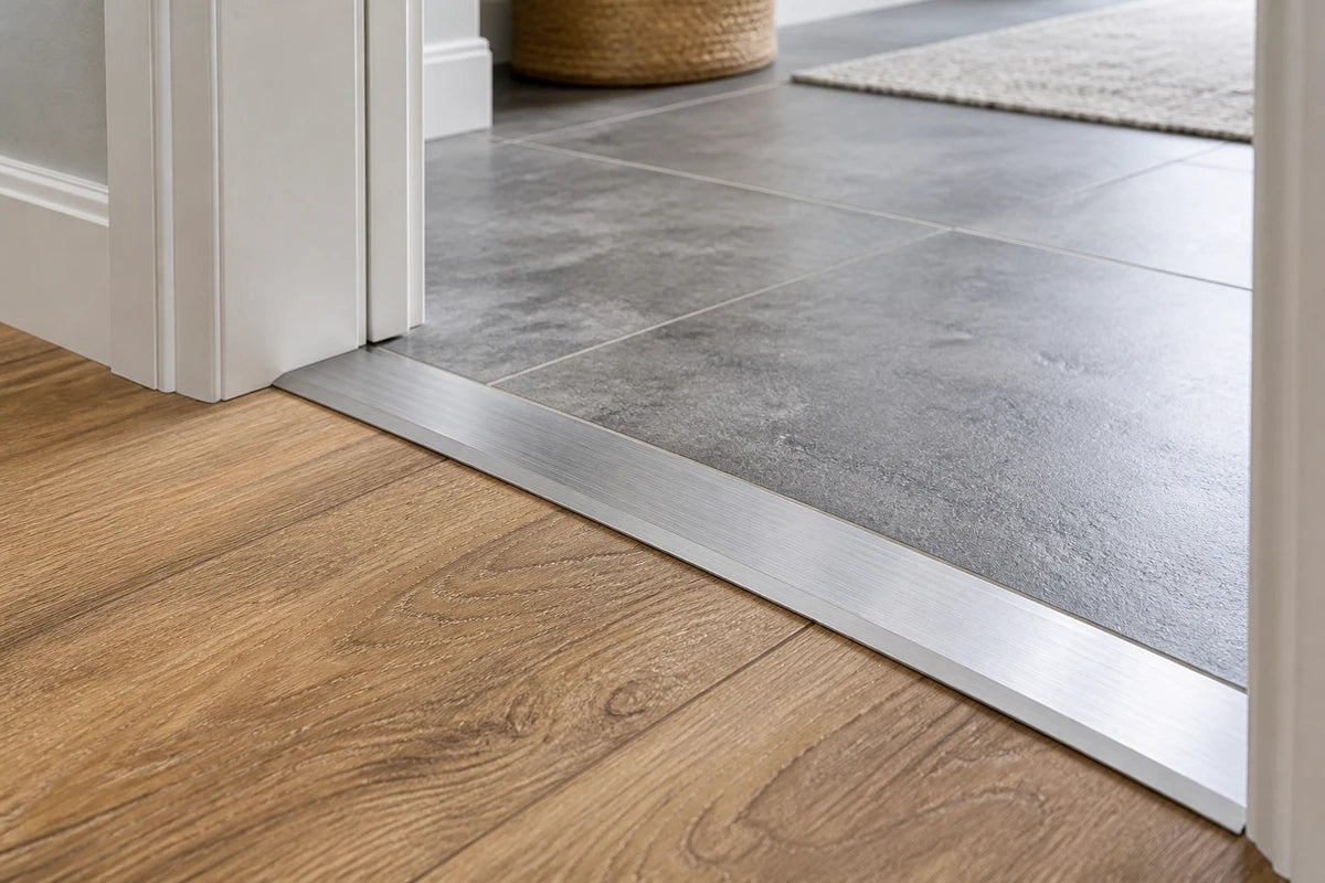 Brushed metal threshold between tile and wood flooring