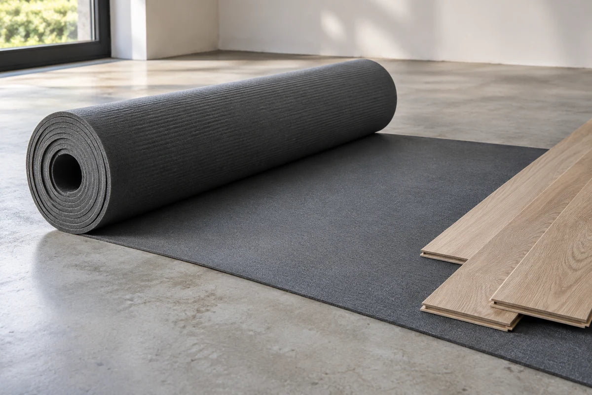 Rolled flooring underlayment beside oak planks