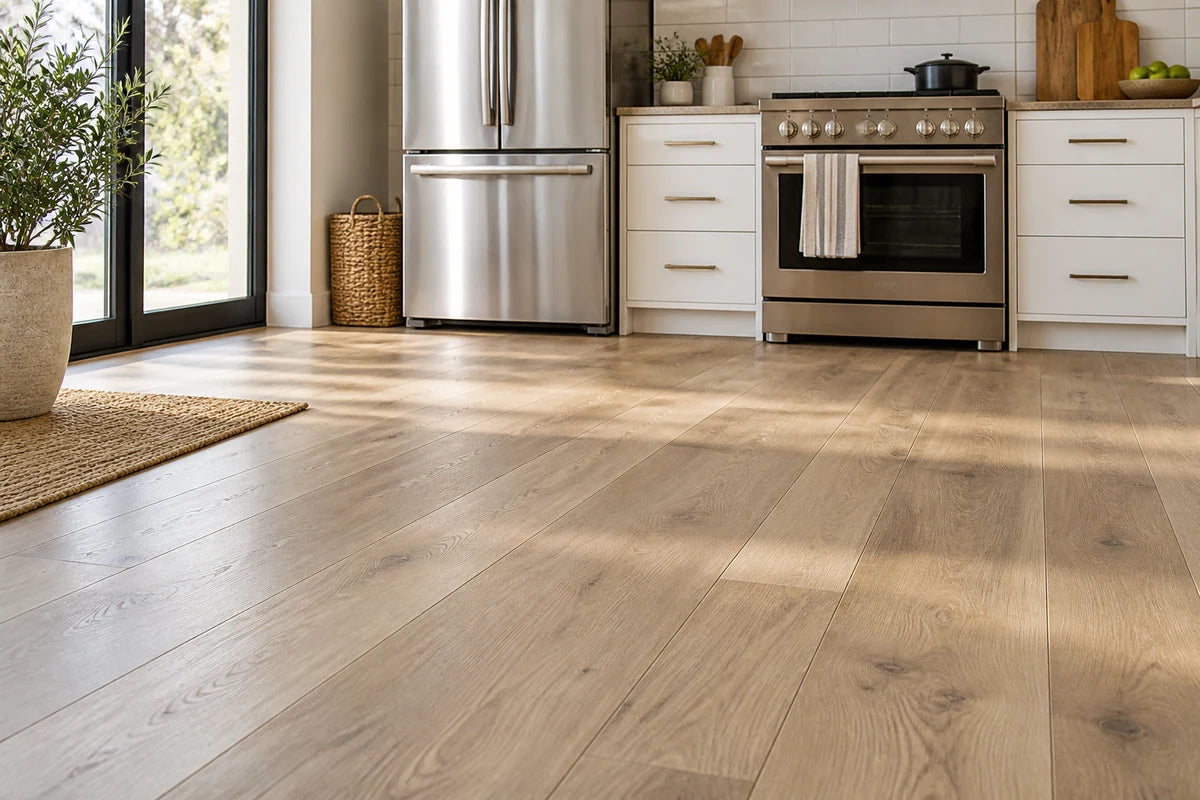 Kitchen with expansive oak-look vinyl flooring and stainless appliances