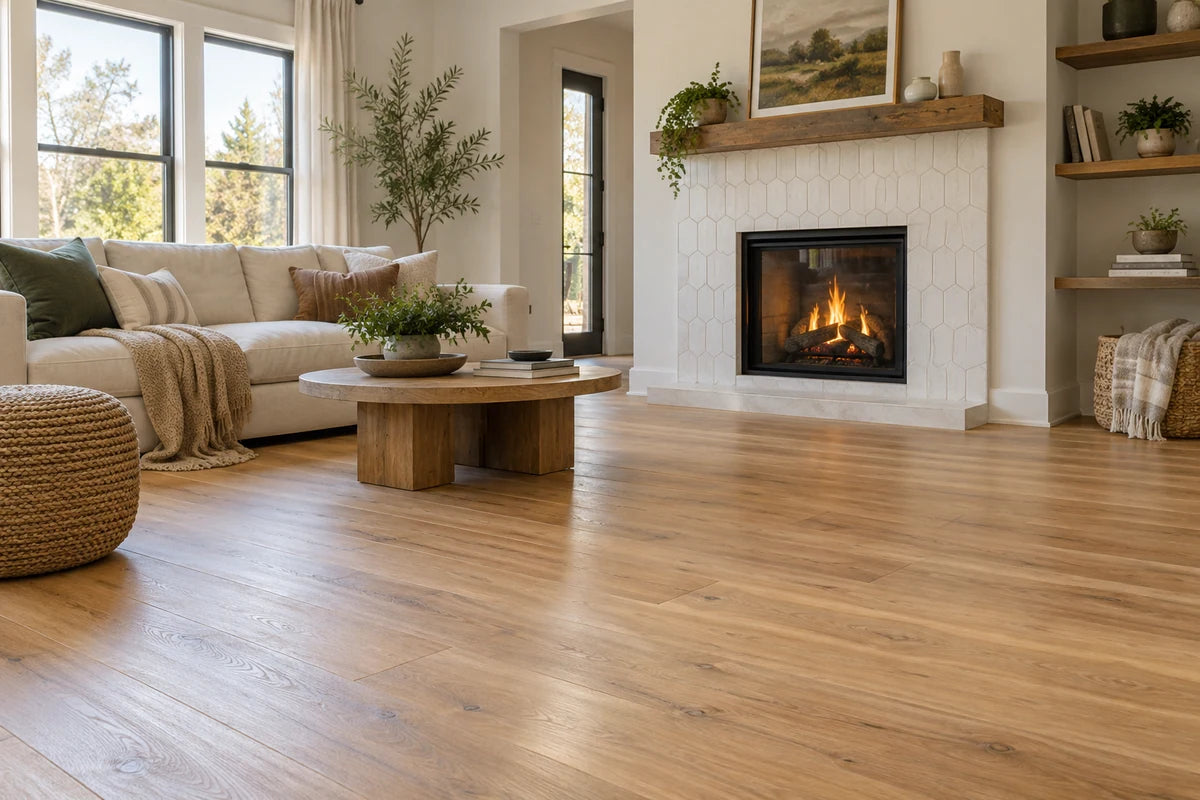Living room with oak-look flooring and a tiled fireplace