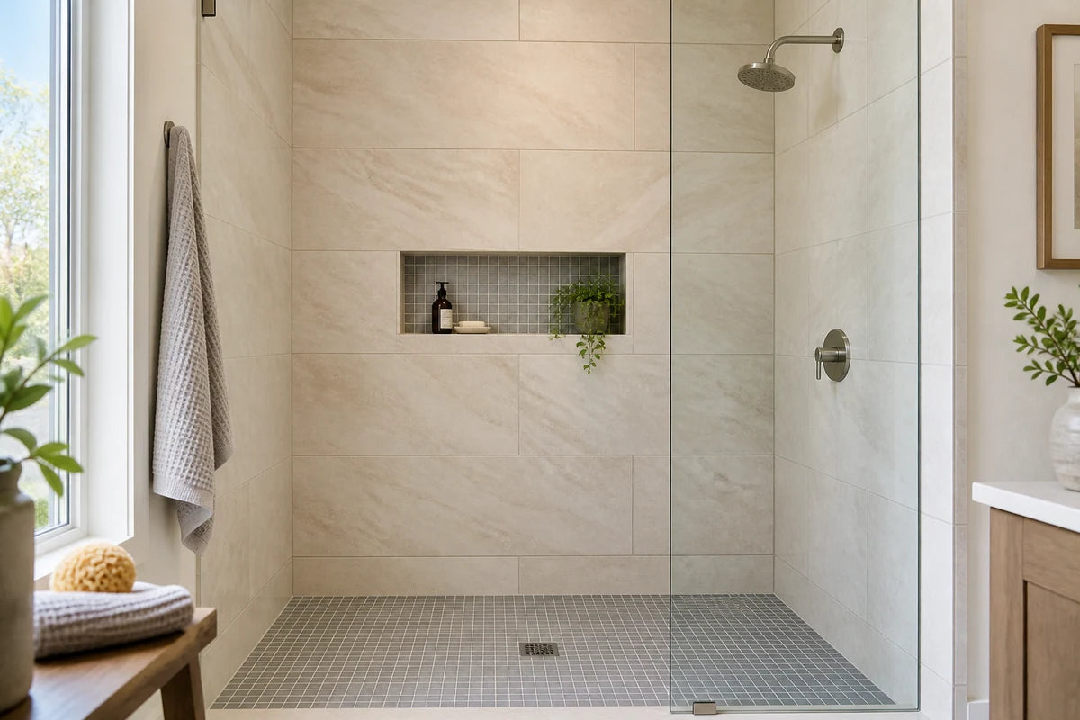Large-format tiled shower with a mosaic floor and niche