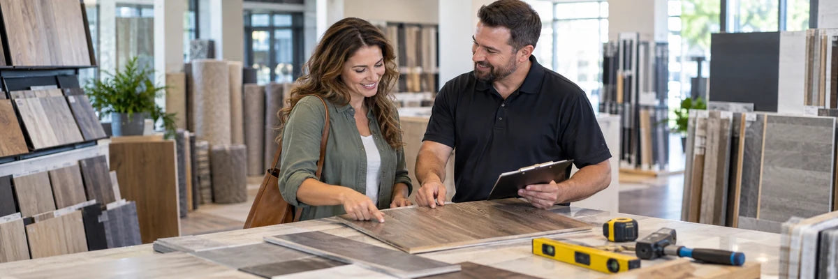 Homeowner consulting a store associate about flooring supplies